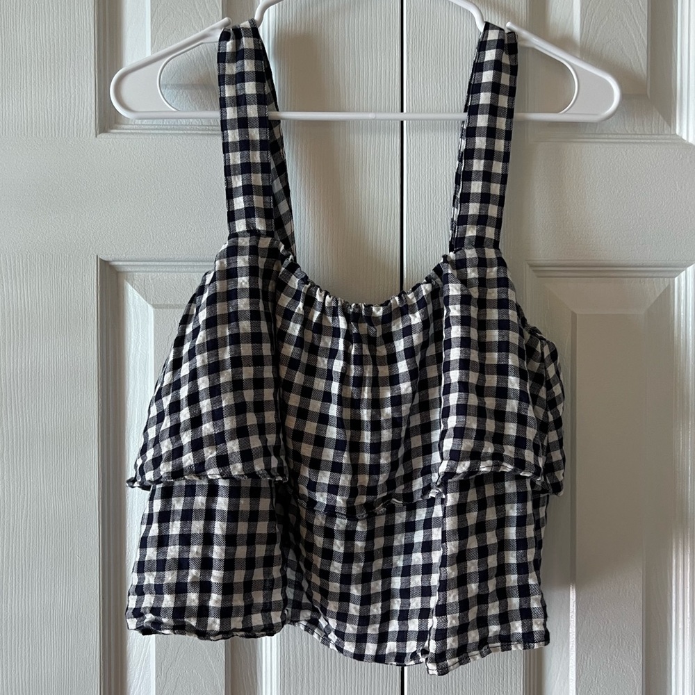 Madewell Gingham Tier Crop Top Linen Blend Blue White‎ Size Medium